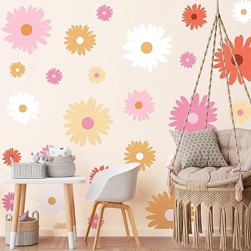 TaoBary 12 Sheet Daisy Wall Sticker Decal Removable Cute Daisy Bedroom Room Decor Flower Wall Sticker Pink White Flower Decal Wallpaper Peel and Stick for Nursery HomeBright ColorArtsy Style