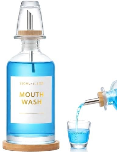 Glass Mouthwash Dispenser Set with Cup & Bamboo Tray, 350ml/11.8oz Refillable Mouth Wash Bottle for Bathroom Countertop, Stainless Steel Pour Spout & Funnel, Modern Vanity Organizer (Clear)