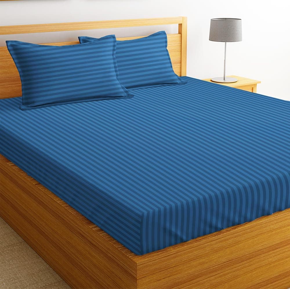 BSB HOME Premium Cotton Solid/Stripe King Bedsheet with 2 King Size Pillow Covers | Double Bed with 210 TC Pure Cotton | Size - King Size 90x100 inches - Blue