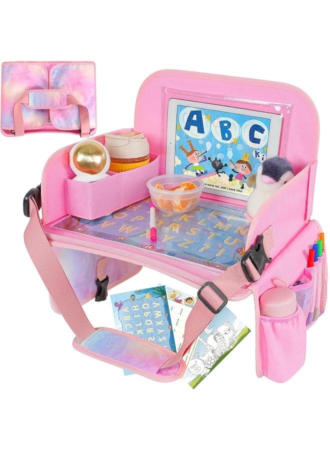 MENZOKE Kids Travel Tray, Car Seat Table Tray, Road Trip Essentials with Educational Drawing Board, Tablet Holder & Cooler Cup Holder, Travel Table for Kids Gifts in Car, Airplane, Multicoloured