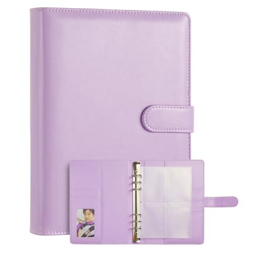 A5 K-pop Photocard Binder, PU Leather refillable Pages, 6 Ring Organizer Binder Cover with 10 Pocket Pages and 1 Set of backboards, Personal Planner with Magnetic Buckle (Lilac)