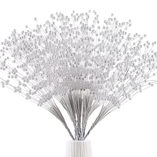 50pcs 4mm Pearls String Beaded Bouquet Spray Sticks for Bridal Beaded Wedding Party Table Decorations(White)