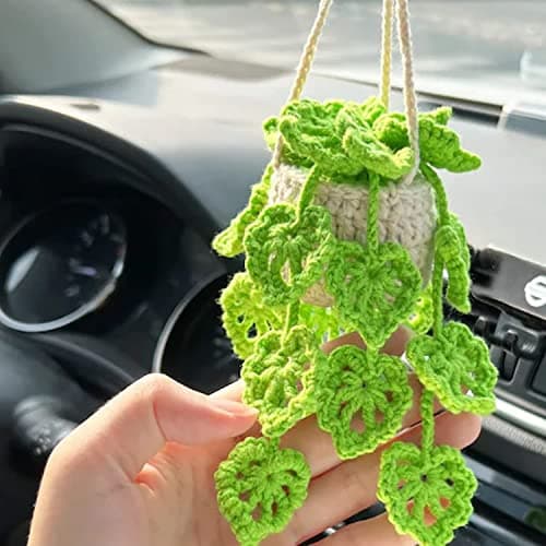 XHLIZHU Crochet Hanging Plant for Car Cute Car Plant Accessories Knitted Plant Car Mirror Hanger Boho Car Plant Crochet Hanging Basket A
