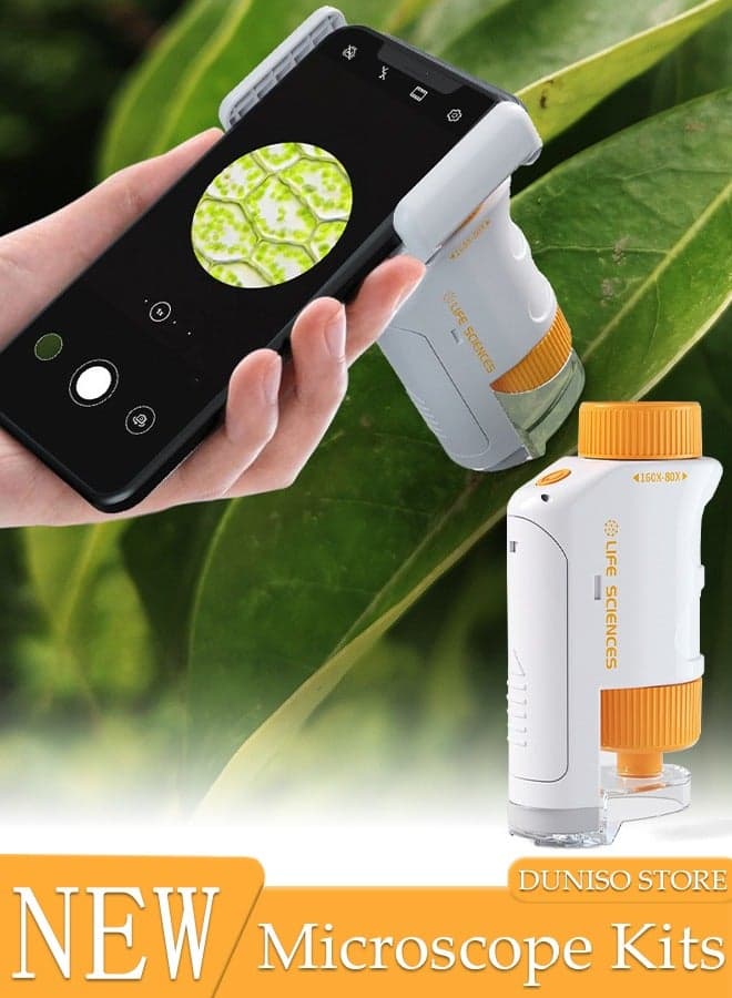 Microscope Power LED Lighted Pocket Microscope Portable Microscope Handheld Microscope with 48 Specimens for Kids STEM and Educational Toy Interactive Learning Ages 8+