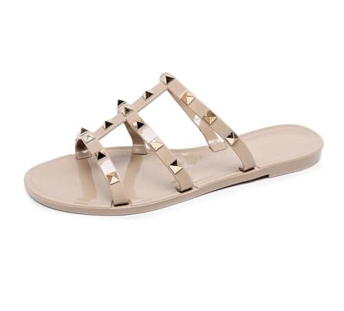 OMGard Womens Studded Sandals Jelly Shoes Woman Summer Beach Jellies Flats Size 9 Beige Ladies Walking Slides with Rivets Cute Dress Open Toes Slippers Comfort Slip On