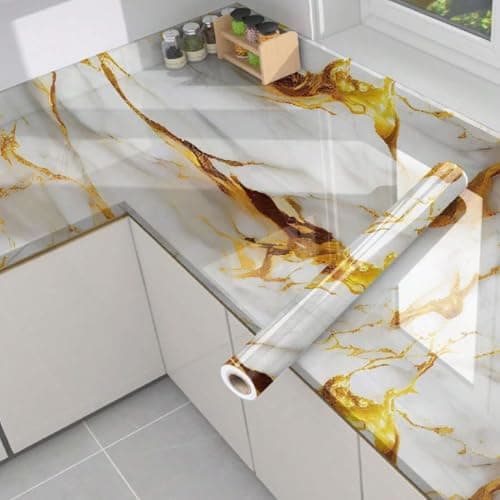 Vinyl Peel and Stick Waterproof Wallpaper for Old Furniture Self Adhesive and Removable Surfaces for Home Cabinet Oil Proof Kitchen Countertop Stickers (8, Ocean White Gold(60x200cm))