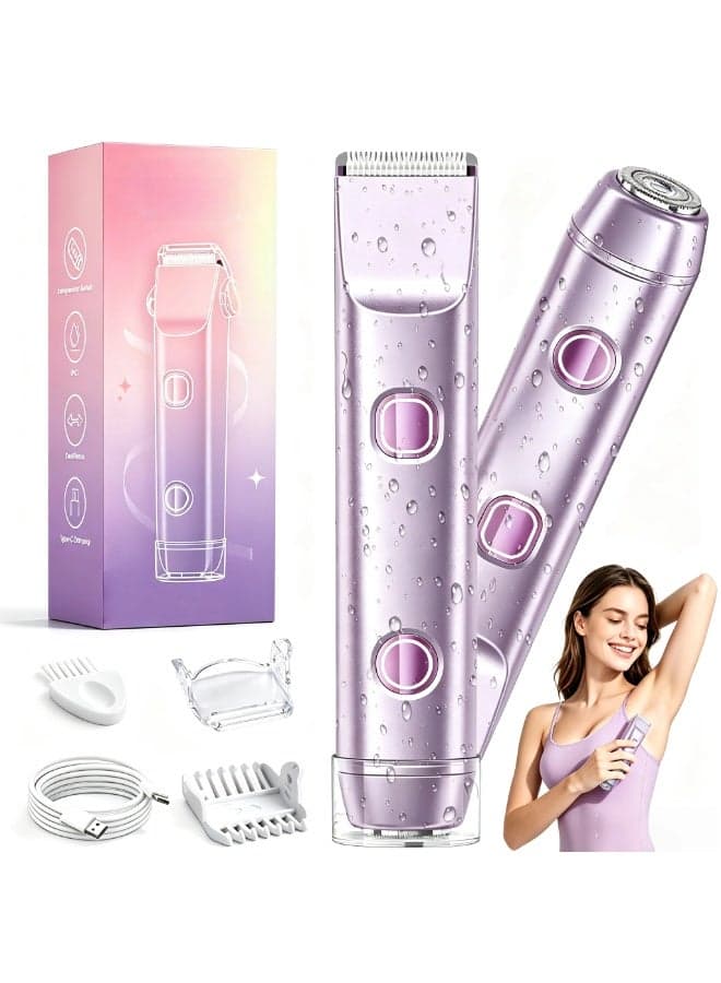 Bikini Trimmer for Women, Electric Razor & Shaver with Dual Ceramic Blades, Painless Hair Removal for Face, Body & Intimate Areas, 90min Cordless Runtime, Waterproof Travel Grooming Kit (Purple)