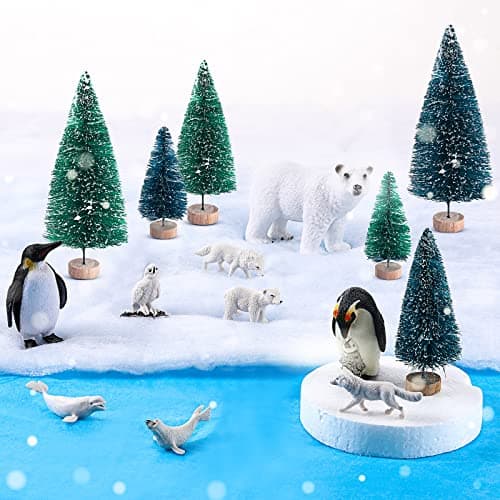 19 Pcs Arctic Animals Figurines Set Includes 9 Polar Animals Figurines Polar Bear Penguin Arctics Fox Figurine 6 Mini Pine Trees 1 Foam Board 1 Fake Snow Blanket 2 Blue Tissue Paper Arctic Diorama Kit