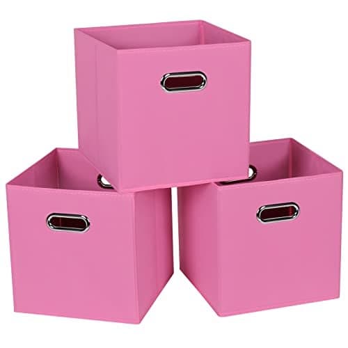 STOREONE Fabric Storage Bins Cubes Baskets Containers11X11X11 with Dual Handles for Shelf Closet Nursery Home Bedroom Organizers Foldable Set of 3 Pink