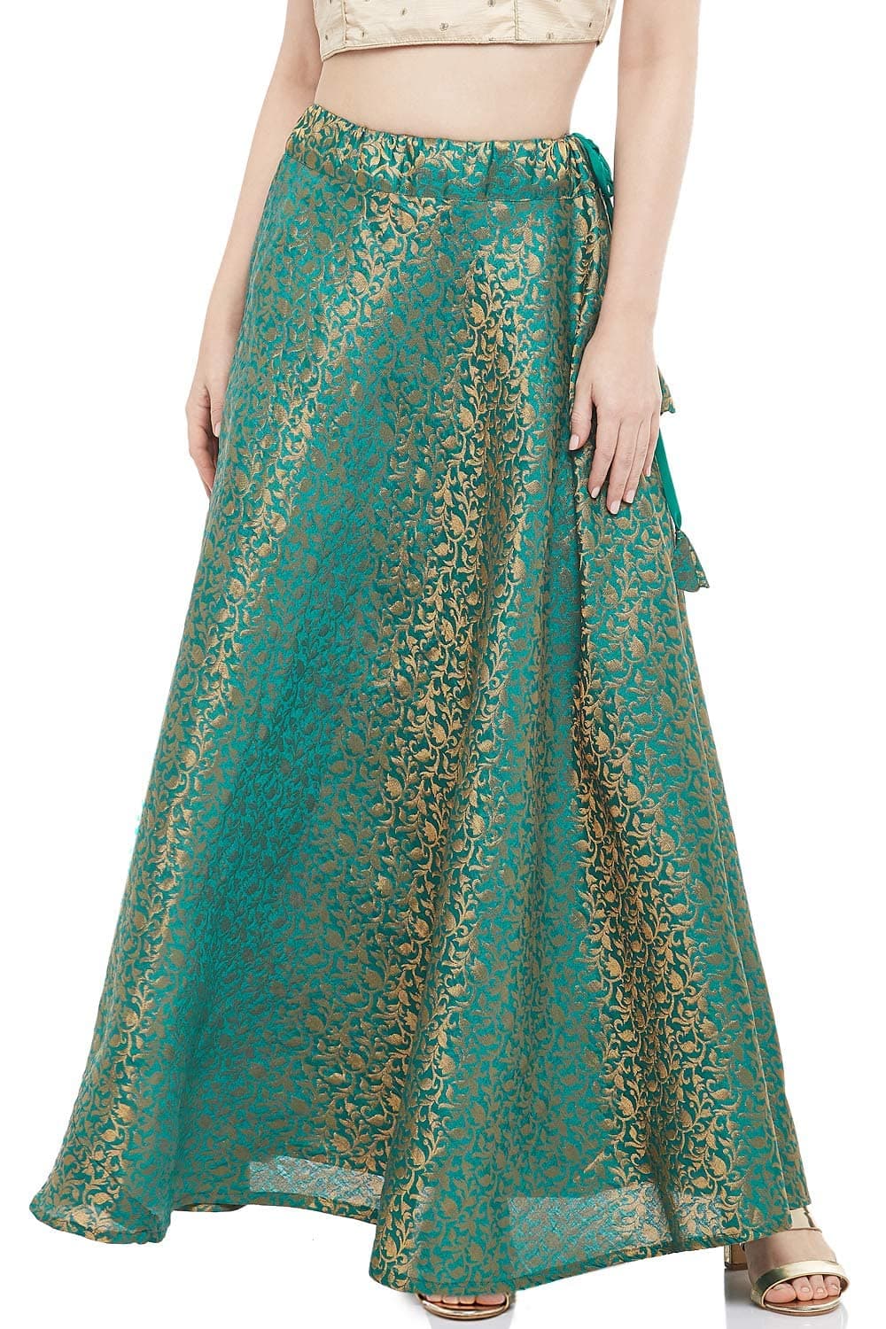 Studio Shringaar Polyester Women's Benaras Brocade Readymade Maxi Skirt Lehenga Ghagra(Free Size, Firozi), Green