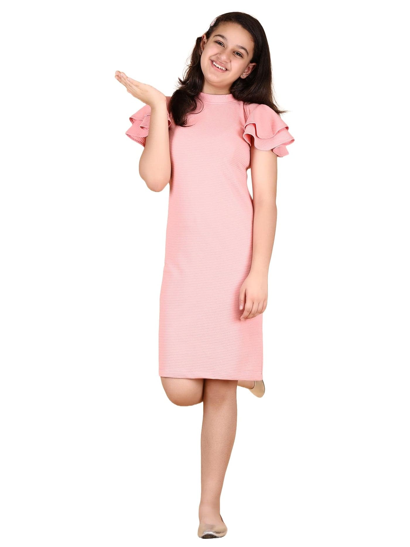 KUDUZO Girls Pink Polyster Blend Short Ruffle Sleeve Round Neck Knee Length Bodycon Midi Dress Size 13-14Y (D445_Pink_13-14Y)