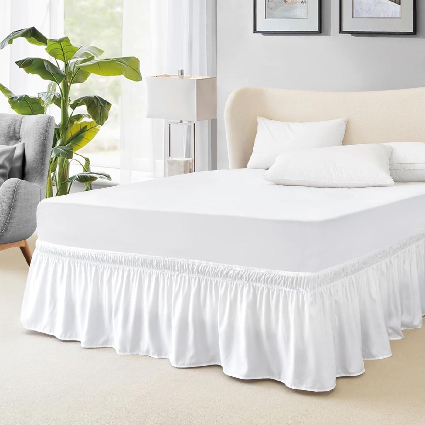 FreshCulture King Bed Skirt Dust Ruffle for King Size Bed Easy Fit with 22Inch Tailored Drop Elastic Wrap Around Bed Skirt King Size Hotel Quality Bed Skirts for Adjustable Bed White