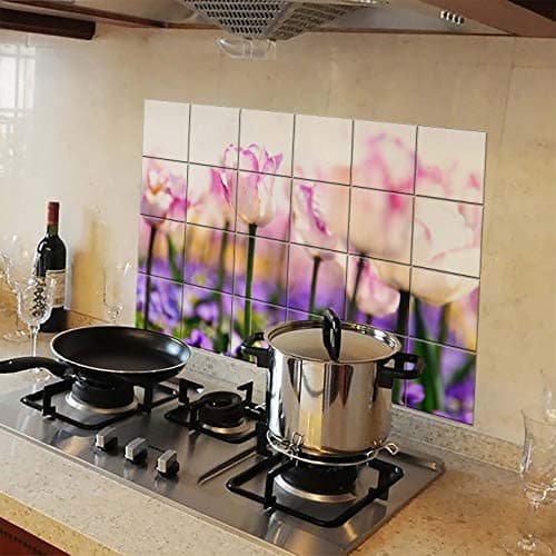 Walldesign Kitchen Protection Anti-Mark Oil Proof Easy Clean Plastic Wall Stickers Pink Tulips (PVC Vinyl, 80 Cm X 54 Cm) Self-Adhesive