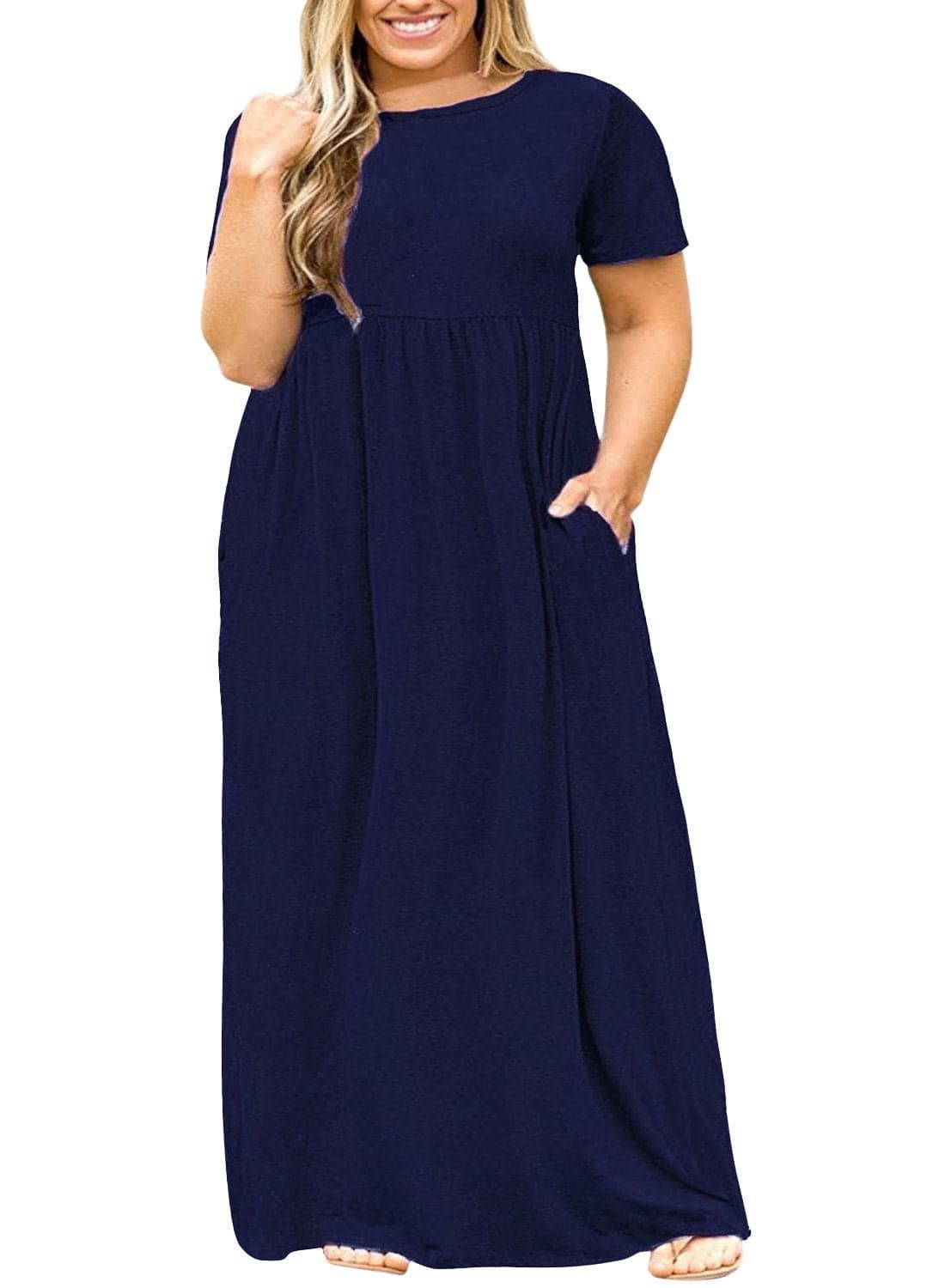 Nemidor Plus Size Maxi Dresses for Curvy Women Summer Casual Loose Short Sleeve Long Beach Dress with Pocket14926Navy