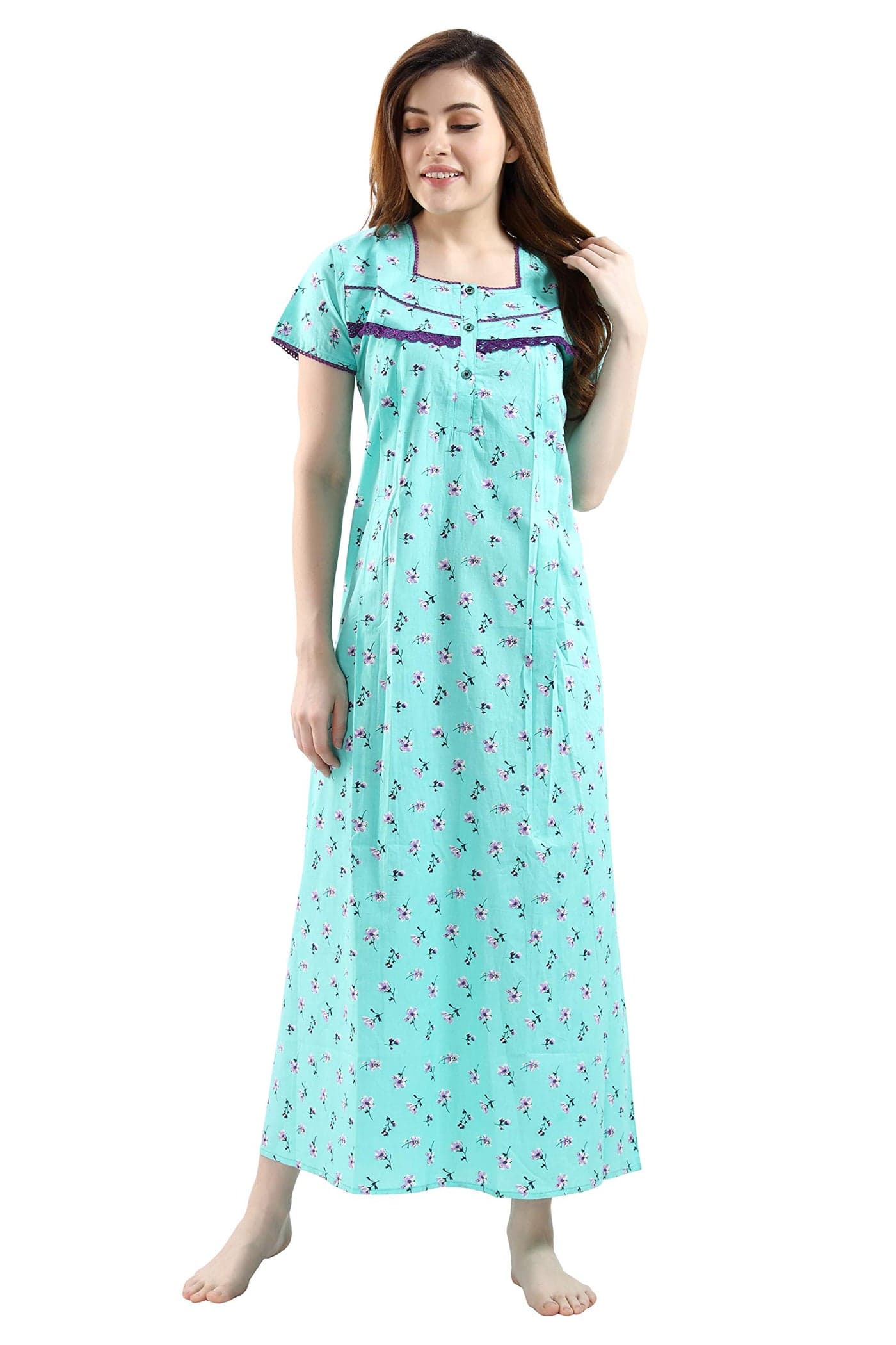 AV2 Women's Printed Cotton Nightwear Nighty Maxi -Turq, L