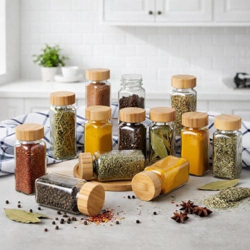 STAR WORK Bamboo Jar Lids Airtight Spice Jars Square Reusable Can Wooden Lid Storage Canning for Nice Sealing Kitchen Organization (8), Clear