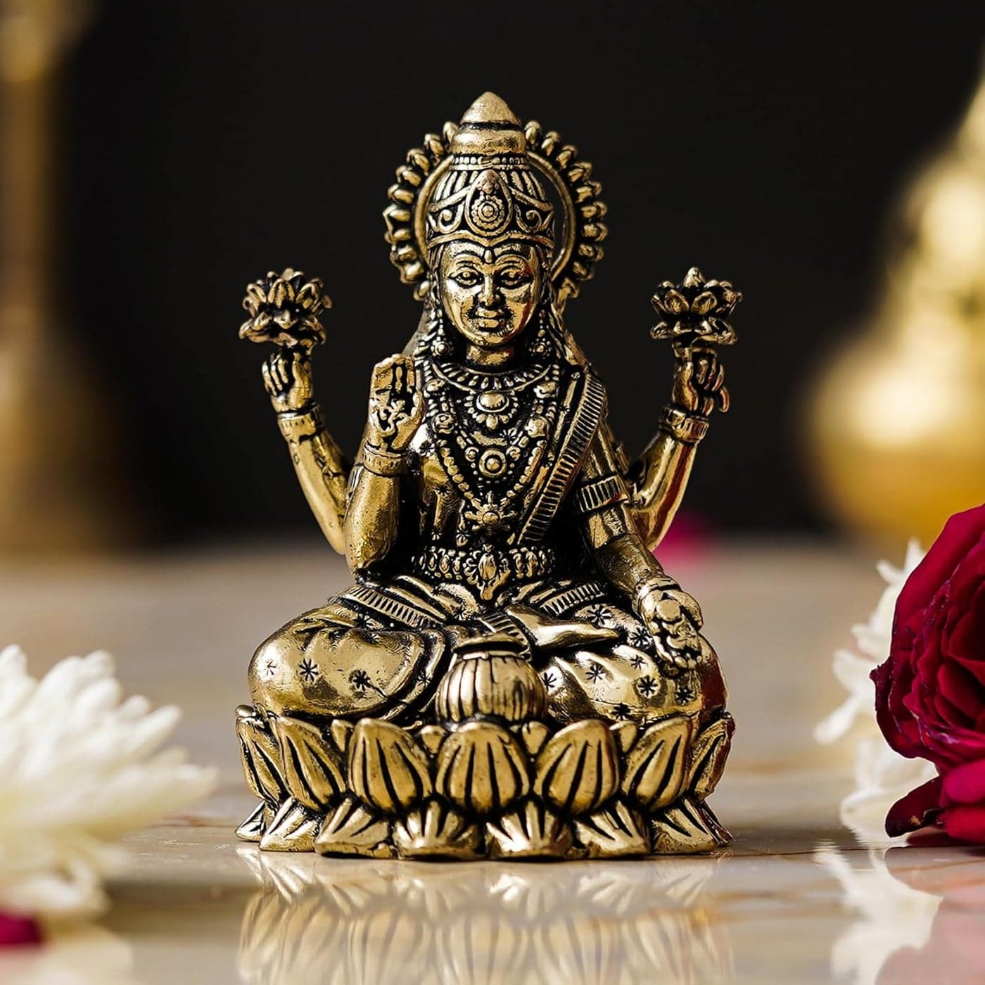 3 Inch Maa Lakshmi Sitting On Lotus Murti Brass Devi Laxmi Blessing Statue Mata Lakshmi Goddess of Money and Wealth Idol Maa Padma Figurine For Home Office Diwali Puja Gifting Purpose
