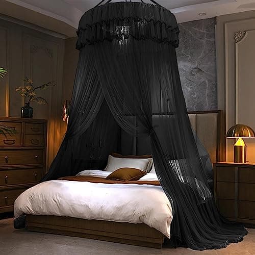 Kertnic Mosquito Net Bed Canopy for Girls Princess Canopy Bed Curtain Fine Sheer Mesh Dome Bed Canopies Kids Adults Lace Tent for Twin Full Queen King Bed Black