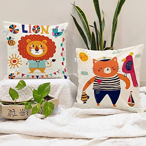 STITCHNEST Set of 2 Folk Art Animal Fantasy Collection Printed Polycotton Cushion Covers 24x24 Inches | Decorative Throw Pillow Covers for Sofa, Living Room, Bedroom | Perfect for Home Decor