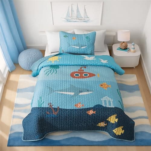 Soul & Lane Ocean Quilt Set – Twin and 1 Sham, Lightweight Quilted Sea Bedding for Kids, Coastal Nautical Comforter with Fish and Shark Design, Fish Bedspread Set with Beach Motif, Diving Deep