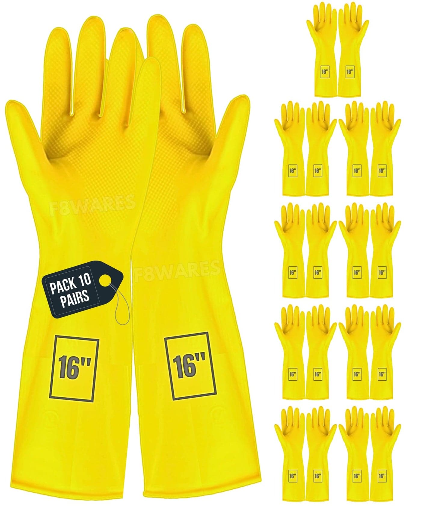 F8WARES 10 Pairs 16 Inch Long Hand Gloves - Rubber Gloves for Cleaning, Gardening, Dish Washing, Kitchen and Bathroom