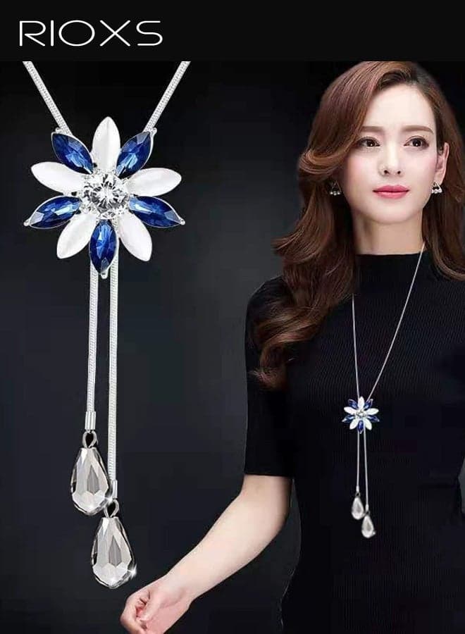 Women's Pendant, Luxury Zirconia Blue and White Floral Pendant Necklace, Tassel with Teardrop Gemstone, Women's Fashionable Elegant Casual Shirt Accessory