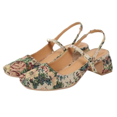 Theater Women Floral Tapestry Mary Jane Heels | Square Toe Slingback Sandals with Adjustable Strap | Stylish & Comfortable for Party, Office & Casual Wear