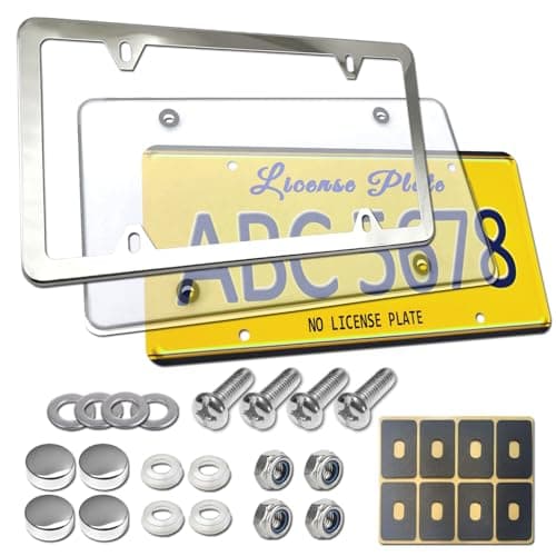 BGGTMO License Plate Cover and Frame Combo- Clear License Plate Cover and Stainless Steel Car Tag Holder, Flat Bubble Unbreakable Protector, Fit US Universal Front or Rear Bracket, Mount Screws, Caps