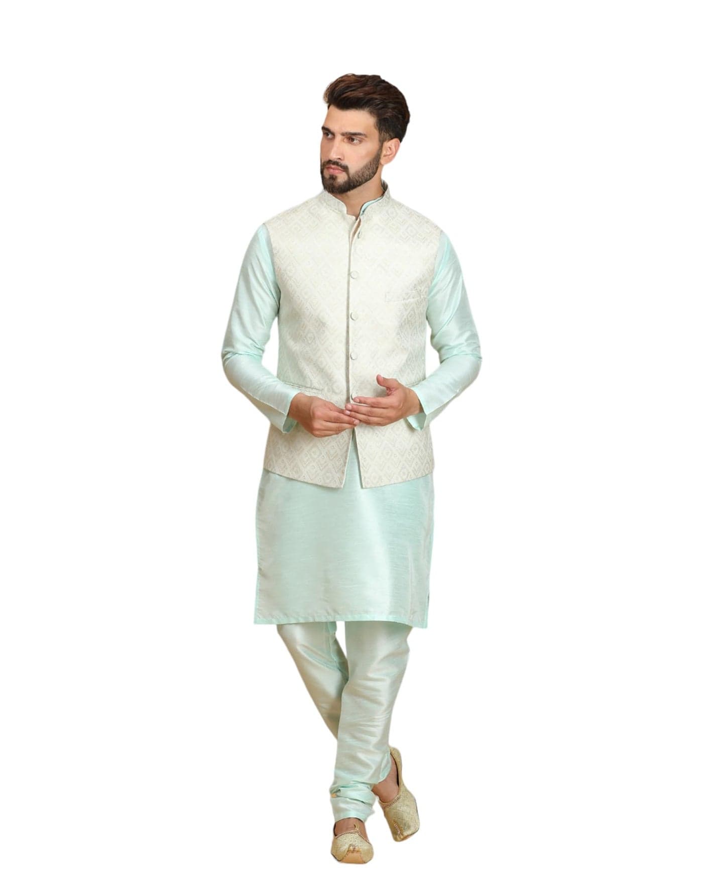 Ethluxis Silk Blend Solid Men's Kurta Chudidar Set Pyjama With Nehru Bandhgala Jacket (36, Cyn-Cyn), Blue