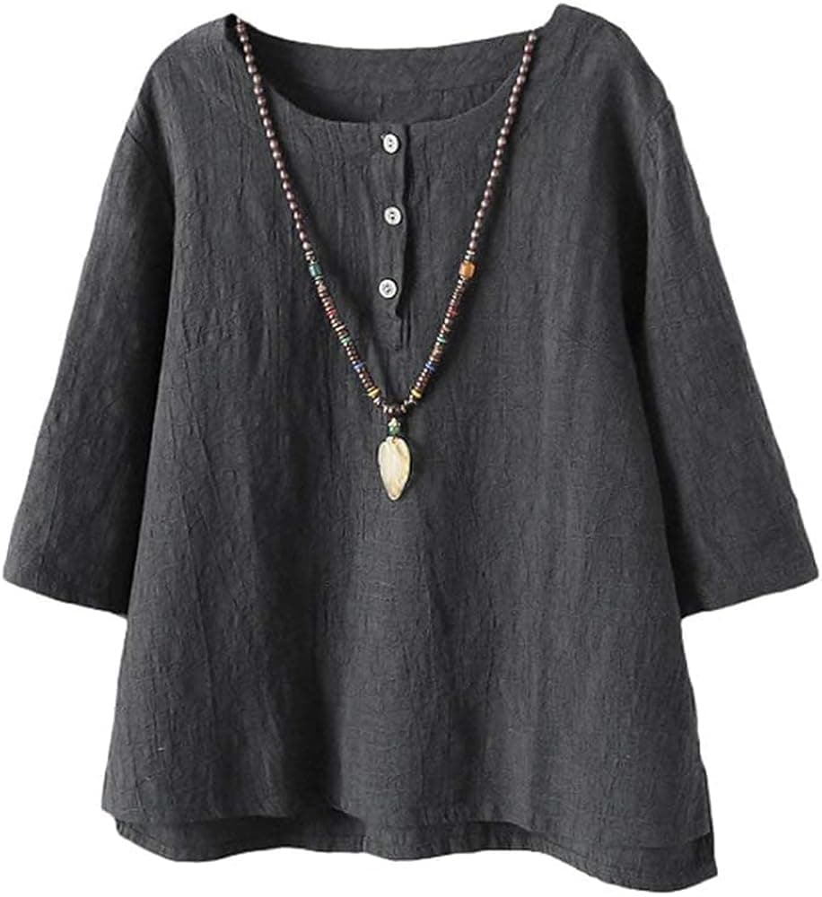 Minibee Women's 3/4 Sleeve Cotton Linen Jacquard Blouses Top T-Shirt (M, Gray)