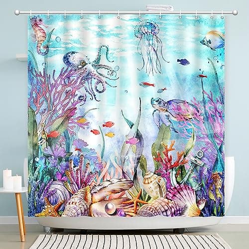 CutebriCase Blue Ocean Seaworld Shower Curtain, Marine Life Shower Curtain Beach Turtle Octopus Sea Horse Coral Star Conch Fish Beach Shower Curtain Set Washable Home Office Decor Bath Curtains