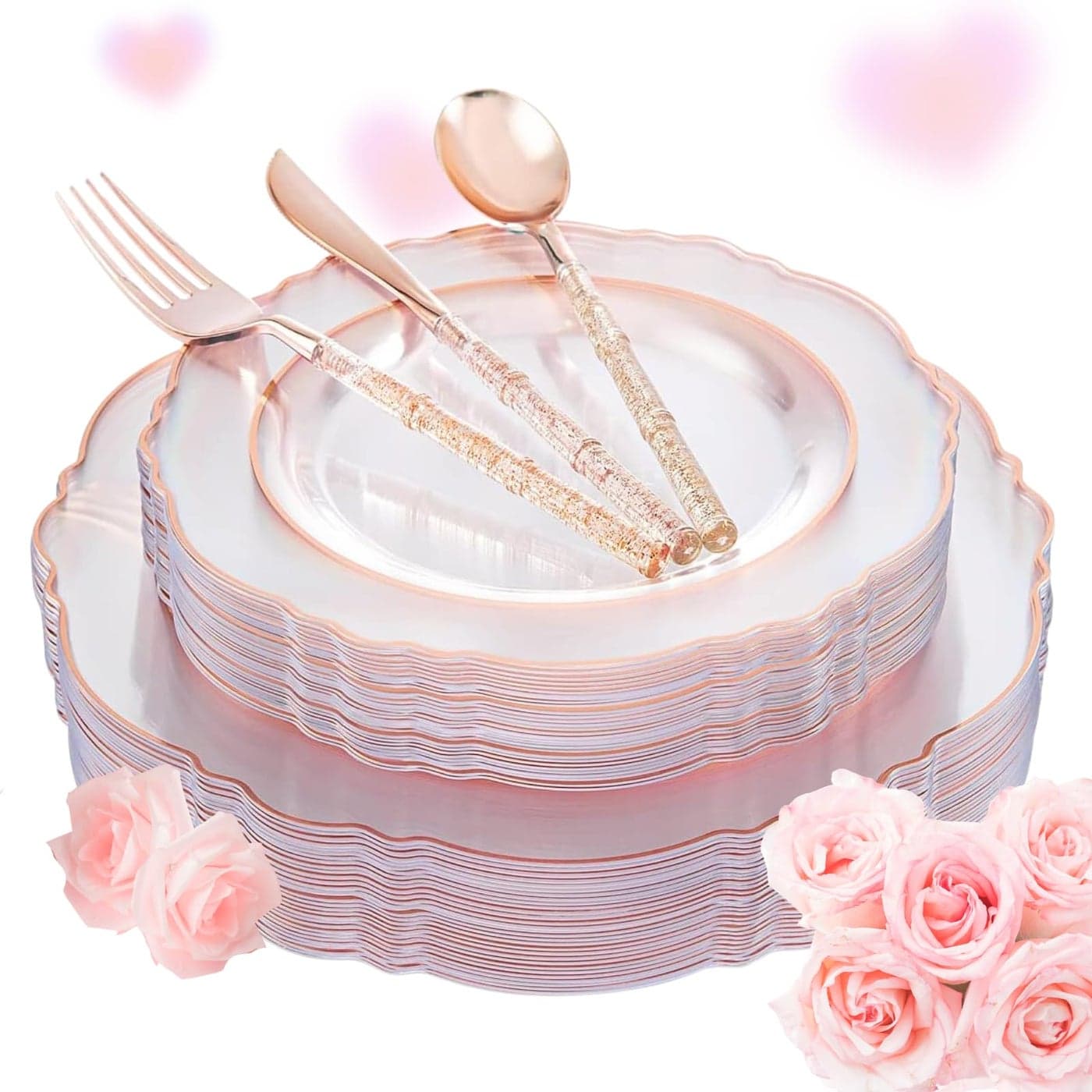 Liacere 150PCS Rose Gold Plastic Plates Clear Rose Gold Disposable Plates with Glitter Bamboo Handle Cutlery 60 Baroque Elegant Plates 30 Forks 30 Spoons 30 Knives for WeddingValentines Day