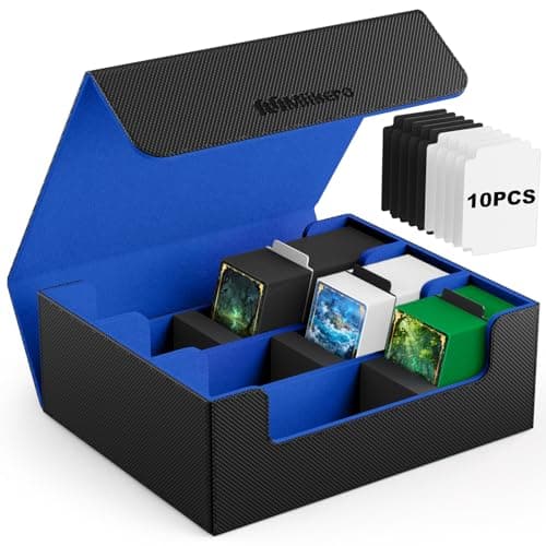 Mlikero Card Deck Case, 1800+ Trading Card Storage Box with 10 Dividers and 3 Foam Stoppers, Leather Magnetic Closure Commander Deck Box Fit for YuGiOh, MTG and Sport Cards(Black&Blue)