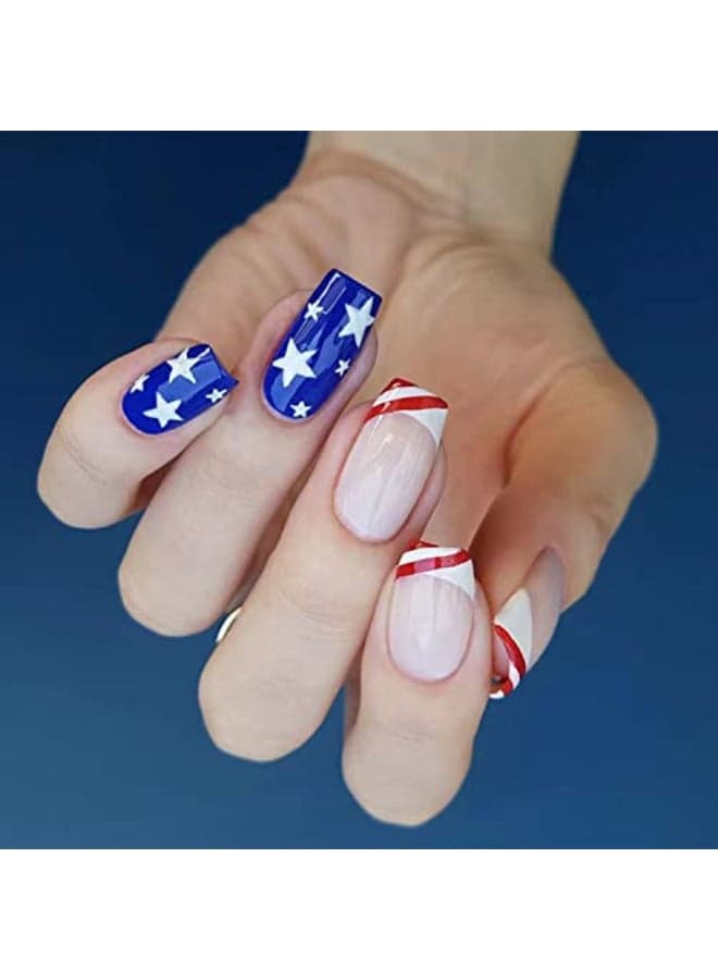 Independence Day Press on Nails Short Fake Nails 4th of July Nails Tip Full Cover Glue on Nails Flag Star Glossy Design Acrylic False Nails Red Blue Stick on Nails for Women Patriotic Nail Decor 24Pcs
