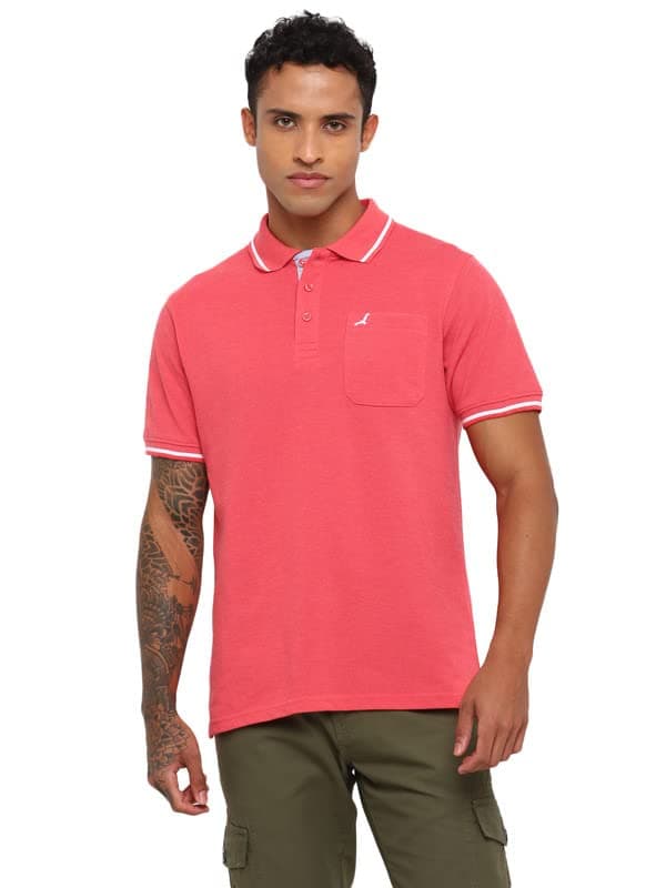 AMERICAN CREW Men Polycotton Polo Collar Regular Fit T-Shirt With Pocket (Ac253-L_Red Orange Melange)