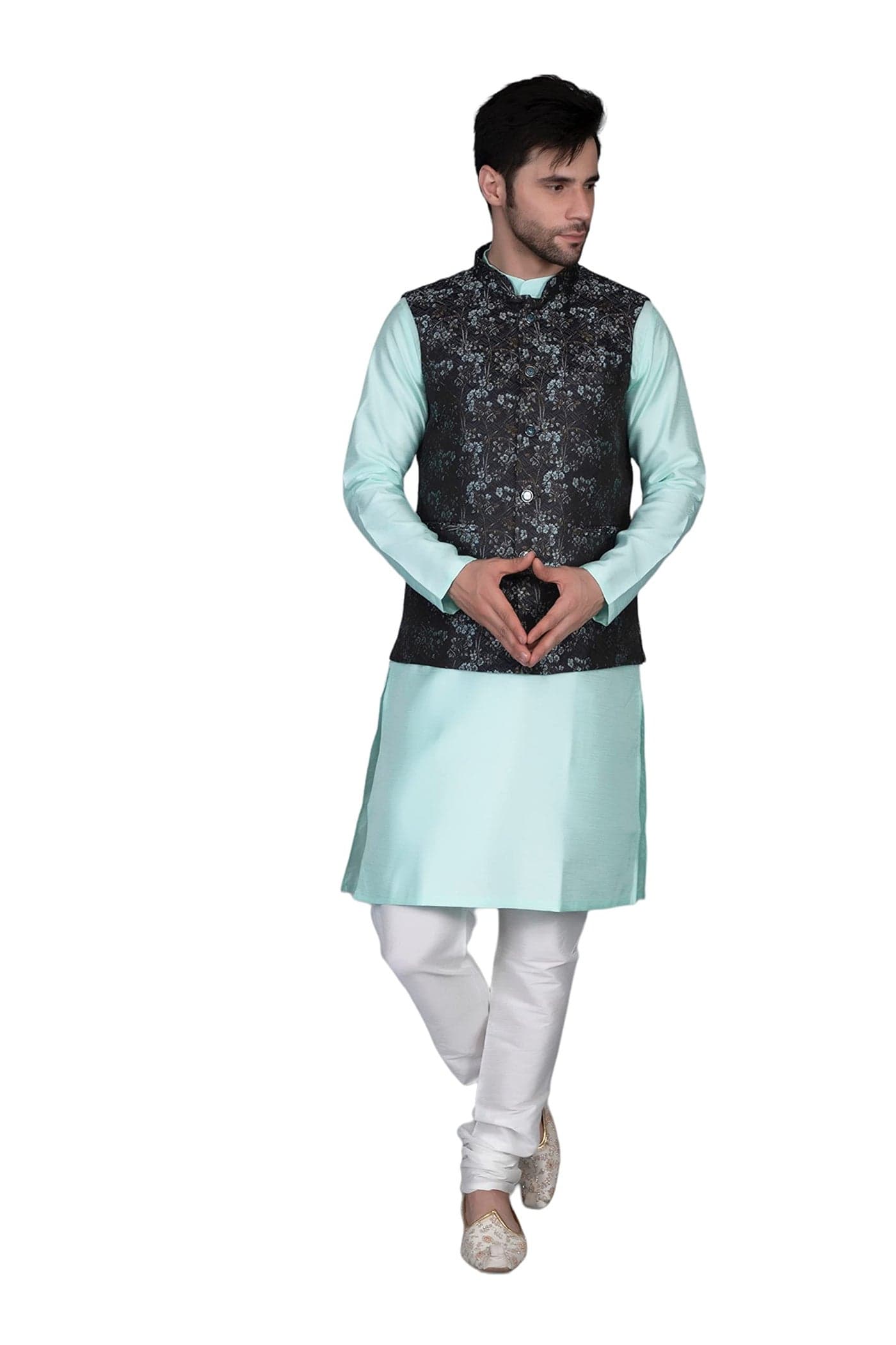 Ethluxis Men's Silk Blend Kurta Churidar Pyjama with Ethnic Bundi Jacket Set (36, Sea-White/Black)