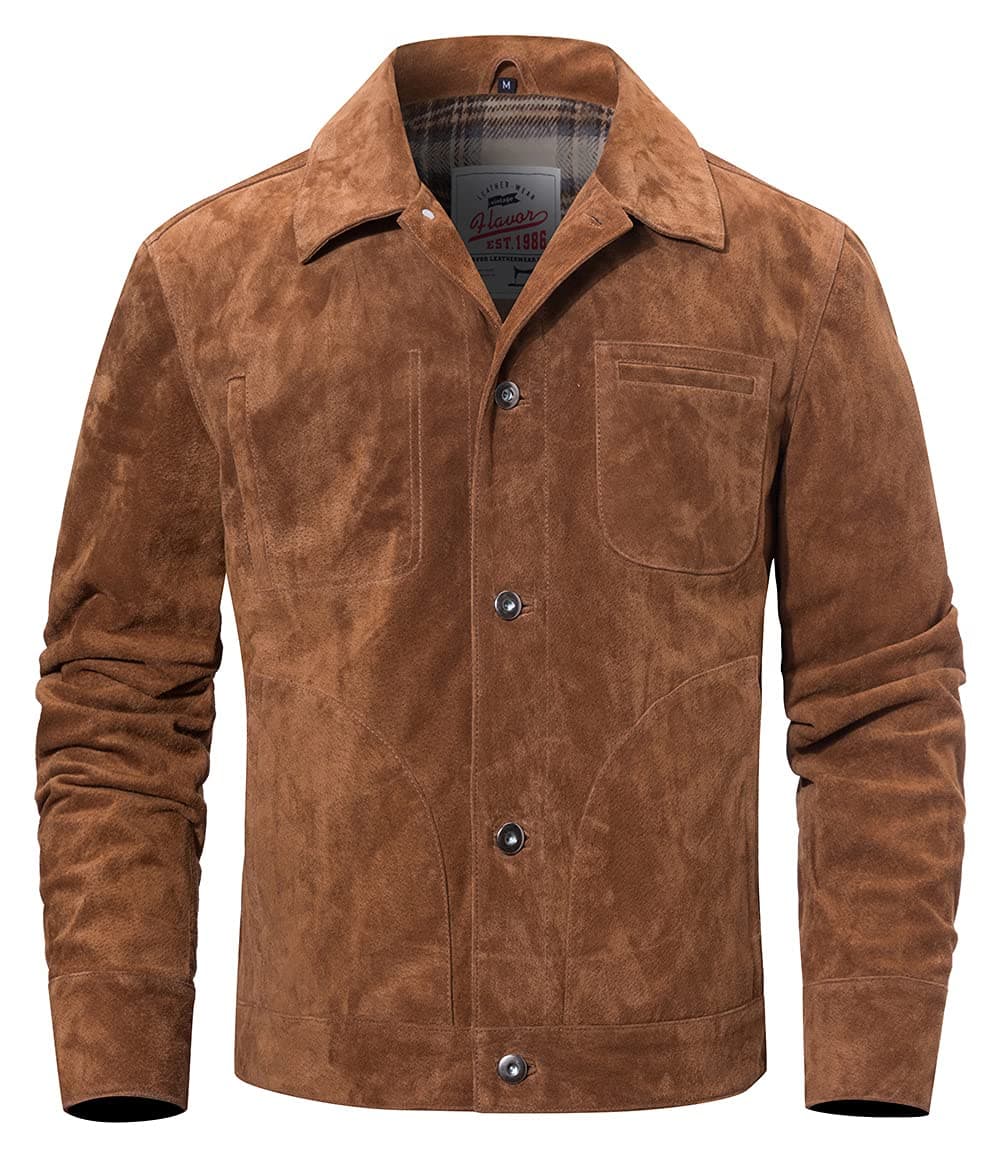 FLAVOR Mens Suede Leather Jacket Trucker Coat Large Brown