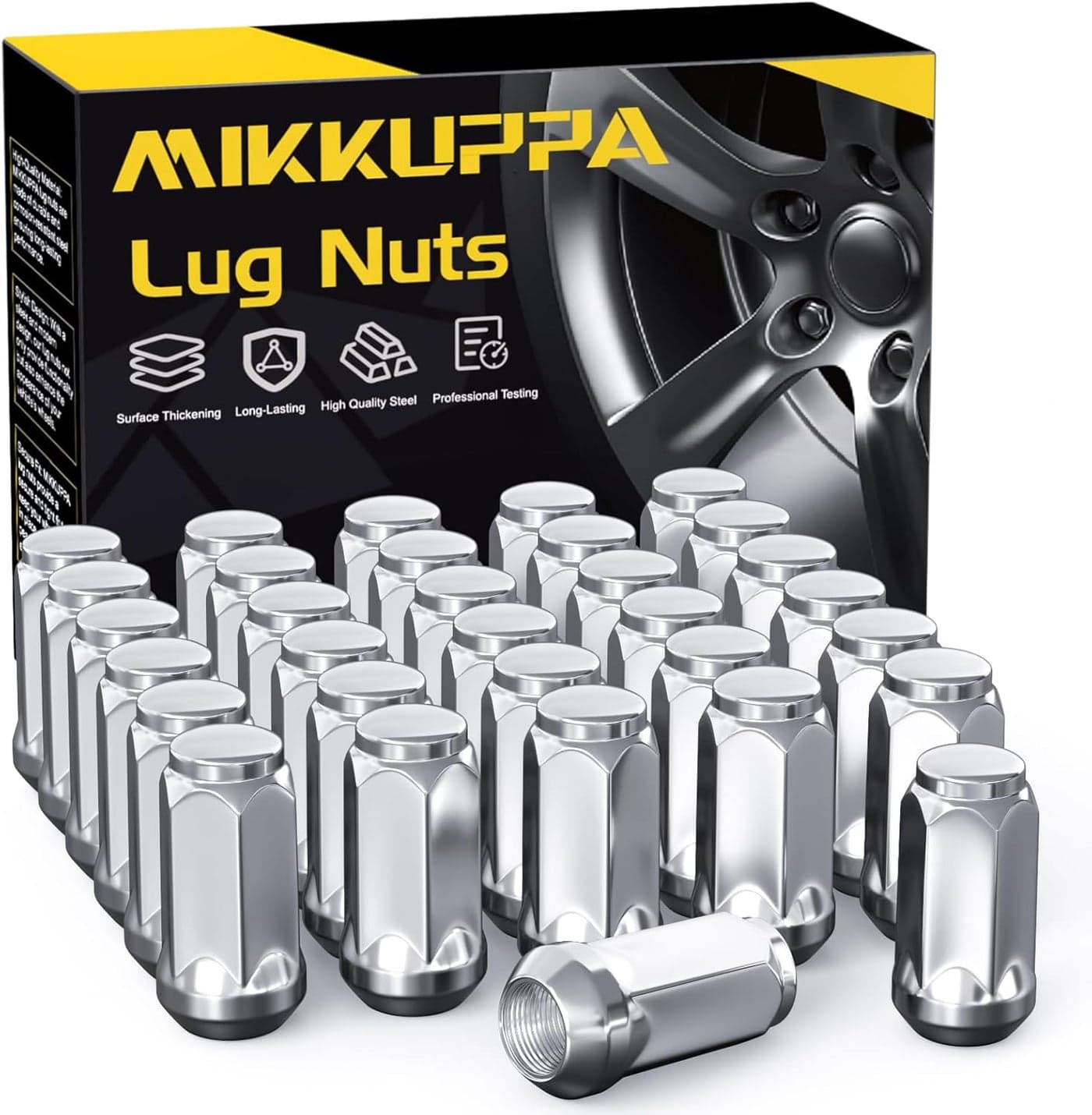 MIKKUPPA M14x1.5 Wheel Lug Nuts - 32pcs Chrome Replacement for Chevy Silverado, Ram 1500/2500/3500, Ford F250/F350 Super Duty, GMC Sierra