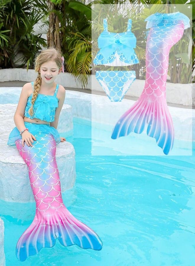Girls Mermaid Swimwear Bikini Set 3Pcs Princess Mermaid Tail Swimsuit for Kids Costume Dress Up for Pool Party Cosplay Birthday