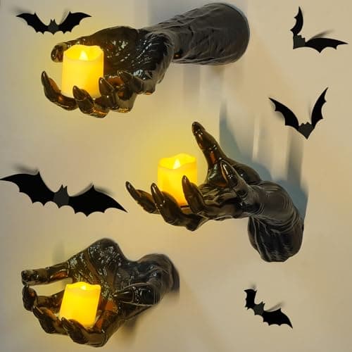 Halloween Decorations Indoor Gothic Decor Pack of 3 Wall Mounted Creepy Reaching Hands with Lighted Candles for Gothic Wall Decorations