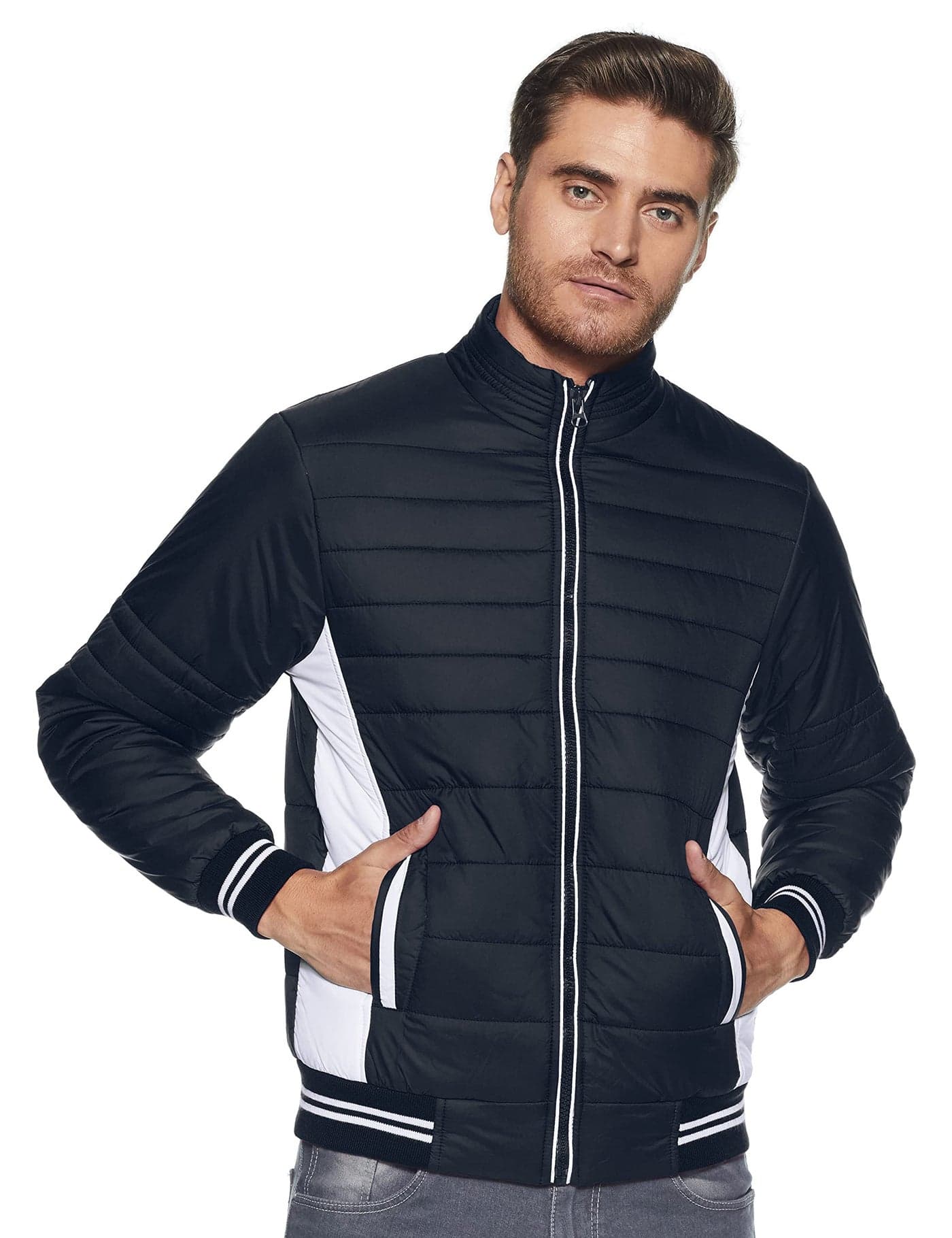 Qube By Fort Collins Men's Nylon Standard Length Bomber Jacket (1265_Blue_Medium)