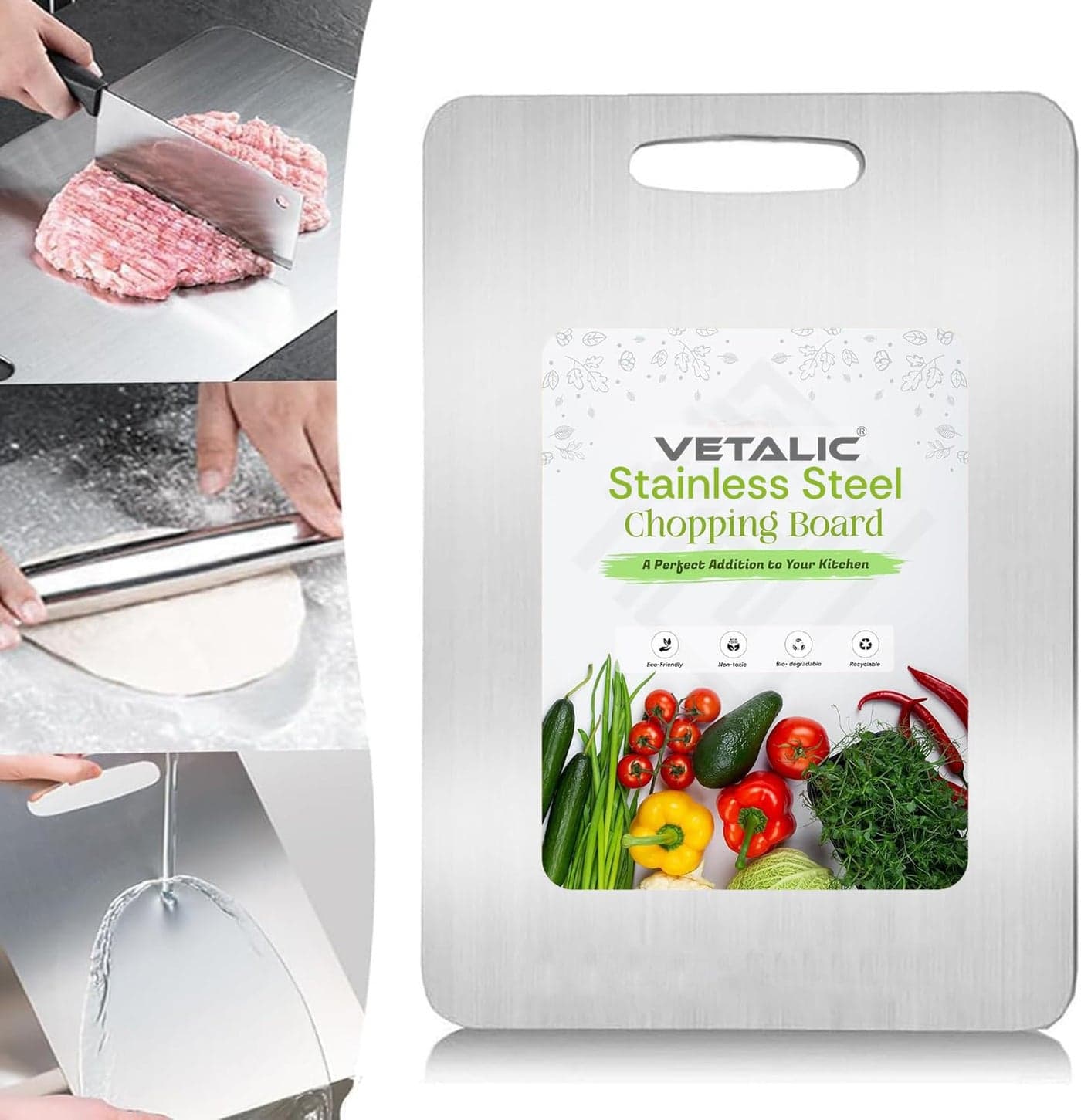 Vetalic Stainless Steel Chopping Board for Kitchen, Large Rectangle with Handle, Professional Grade, Round Edge or Cutting Vegetables, Meat,Fish,Fruits (Rectangle - 31 X 21 CM)