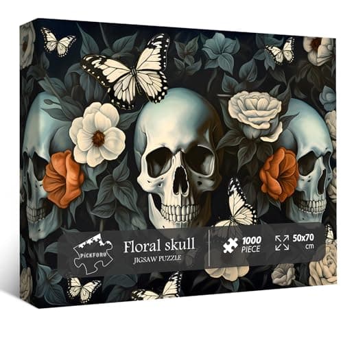 Skull Puzzles for Adults 1000 Pieces Vintage Halloween Jigsaw Puzzle Flowers Butterfly Horror Skeleton Puzzle Challenging Puzzles for Adults