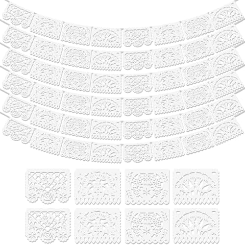 6 Pack White Papel Picado Banner, 90Ft Plastic Mexican Party Wedding Decoration, Papel Picado Dia De Los Muertos, Cinco De Mayo, Day of The Dead Decorations, Fiesta Party Decorations Banners Supplies