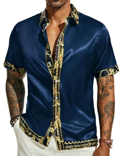 PJ PAUL JONES Mens Summer Shirts Short Sleeve Button Up Satin Shirts Casual Button Down Satin Silk Hawaiian Shirts Navy Blue M