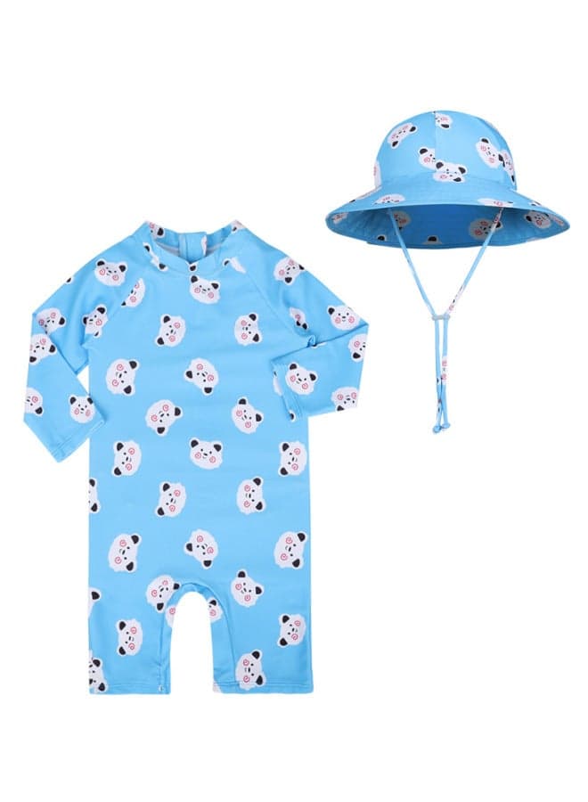 Children's Swimsuit 2024 Boys' And Girls' Baby One-piece Cute Sun Protection Kids' Baby Toddler Swimsuit-Color:341 Blue Sheep Matching Sun Hat-