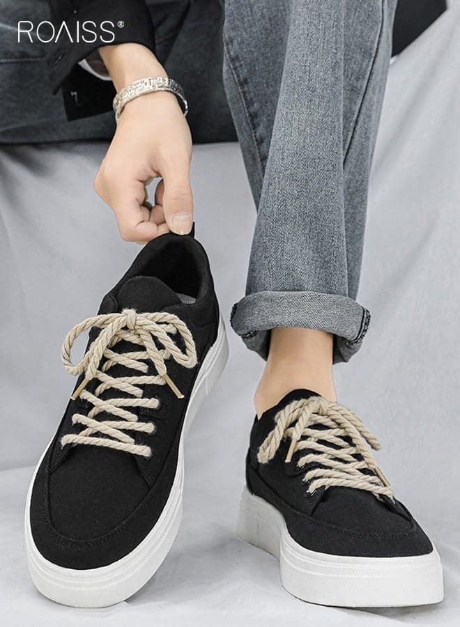 Men's Low-Top Lace-Up Lightweight Thick-Soled Non-slip Canvas Shoes Trendy Versatile Round-Toe Flat Shoes, Comfortable and Breathable British Casual Shoes Black