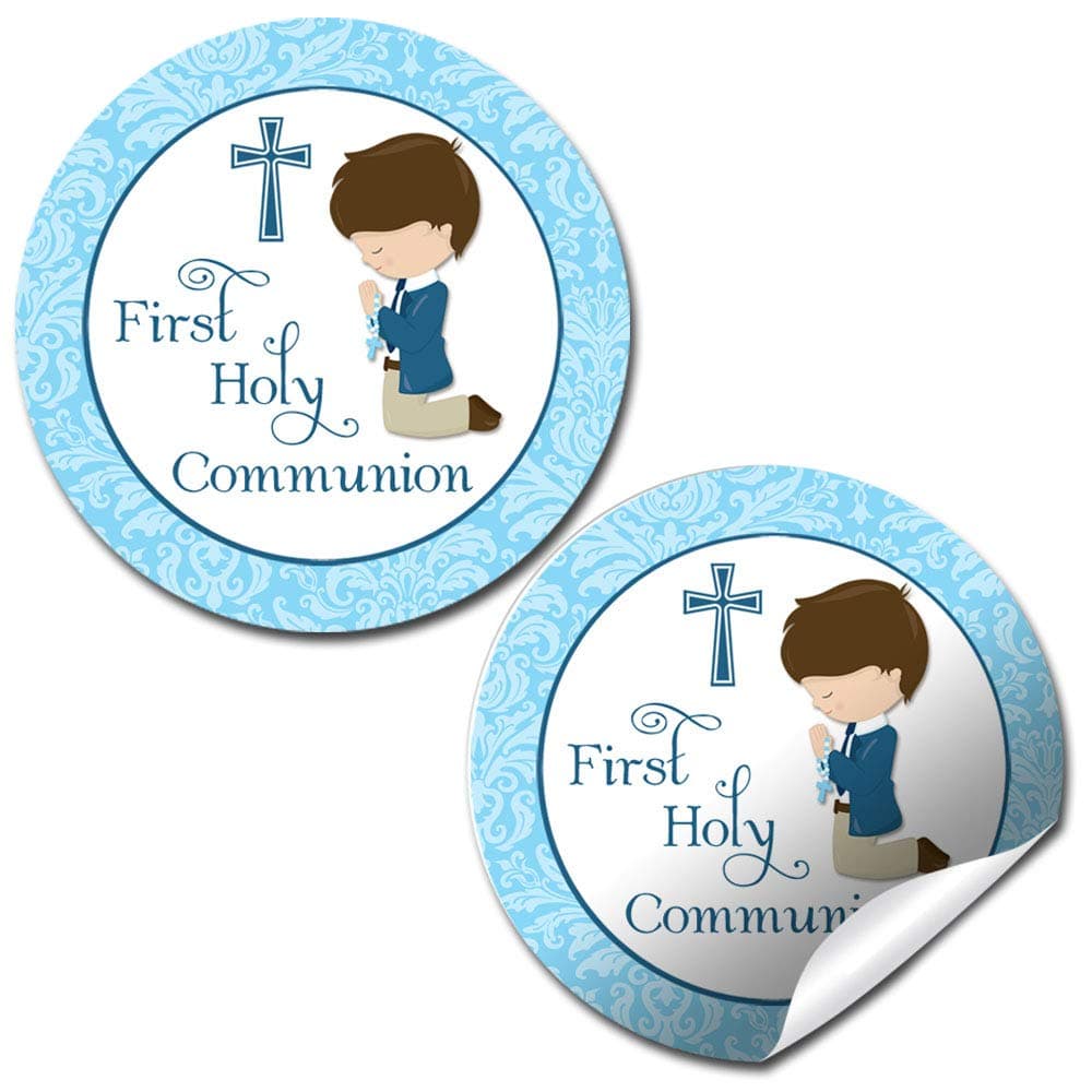 First Holy Communion Religious Thank You Sticker Labels for Boys Light Skin Brown Hair 40 2 Party Circle Stickers by AmandaCreation Great for Party Favors Envelope Seals Goodie Bags