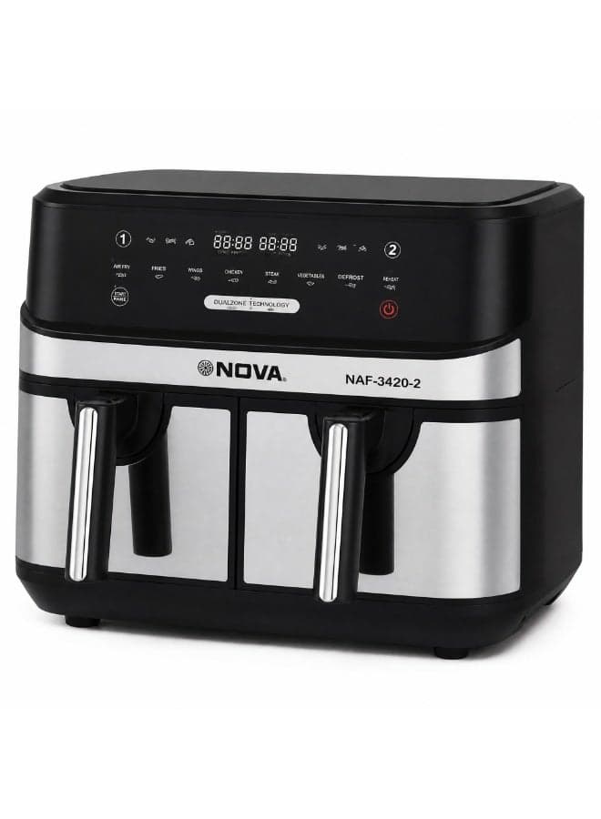 NOVA 9L Dual Basket Digital Air Fryer – Healthy Family Cooking Solution Enjoy crispy, delicious meals with up to 80% less fat. Dual cooking baskets, digital controls, adjustable temperature, and large 9-liter capacity make everyday cooking faster and easier.