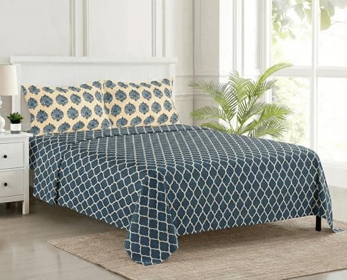 Trance Home Linen 200TC 100% Cotton Queen Size Printed Bedsheet | Bedding Set of Queen Size Flat Bed Cover with 2 Pillow Covers (86x104 inch | 7.1ft x 8.6ft - Dori & Damask Blue)